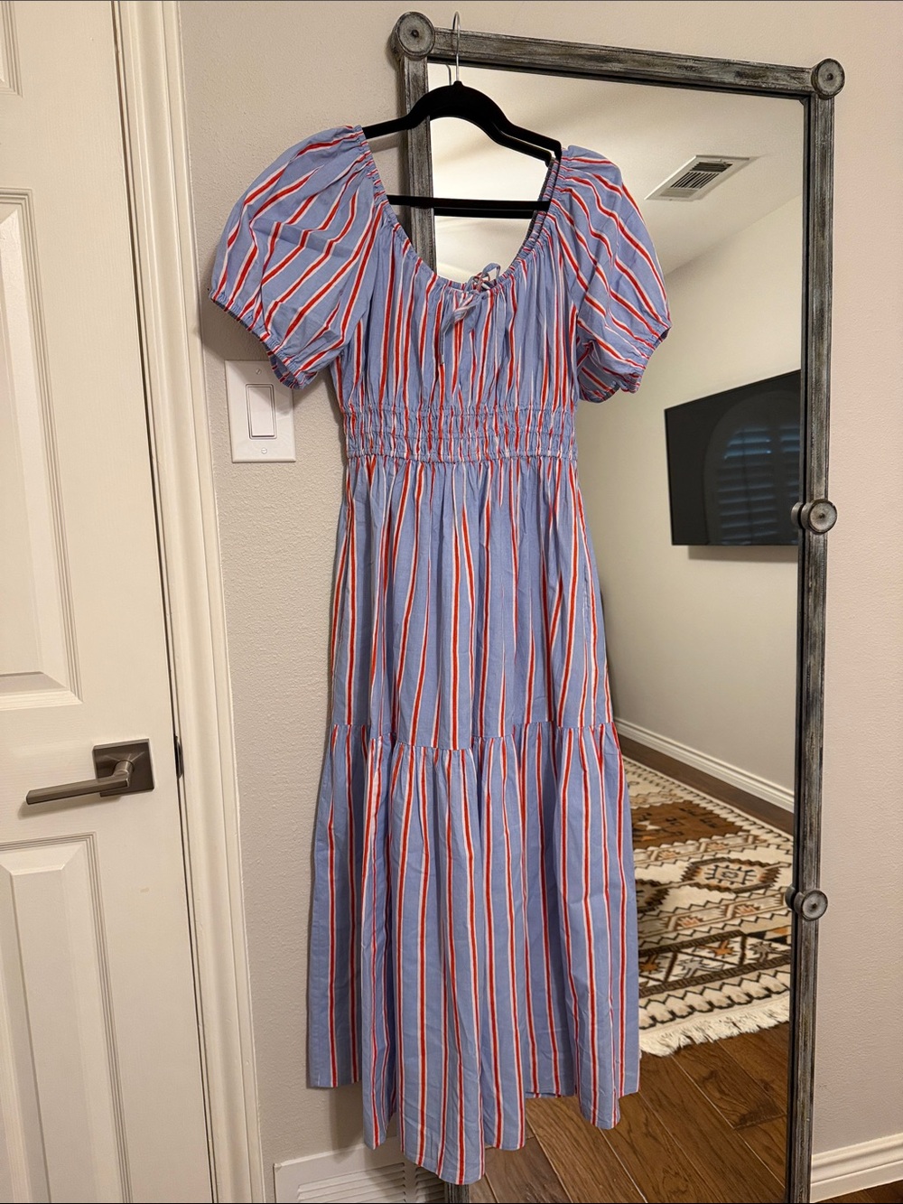 Pink City Prints Striped Blue and Red Puff-Sleeve Midi Dress